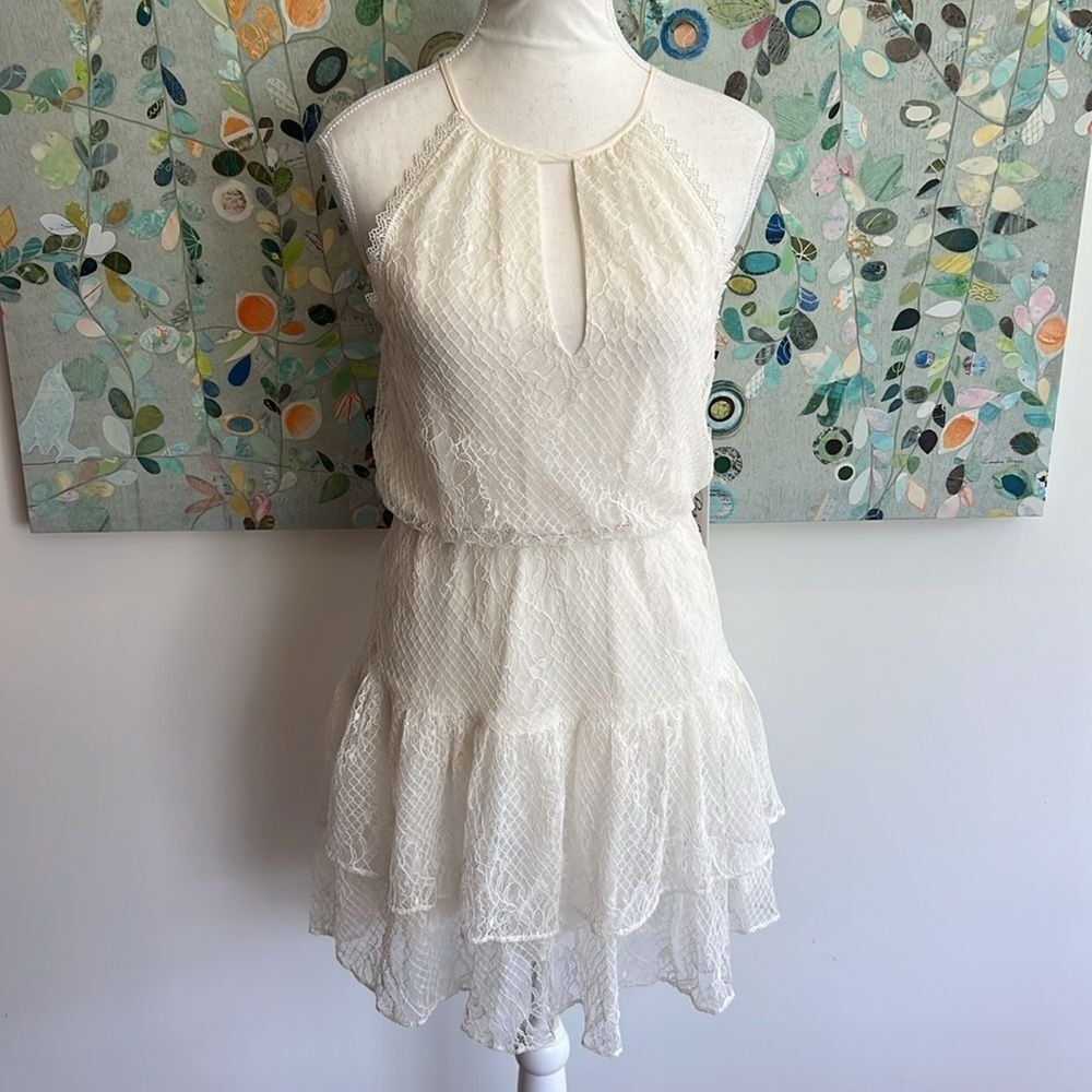 NWT Parker Mini Dress Off White Women's Sz Small Tiered Lace Keyhole Sleeveless